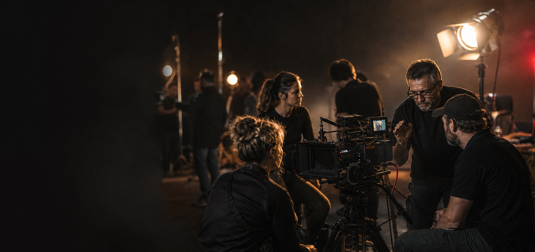 Film crew collaborating around a professional cinema camera on a dark studio set